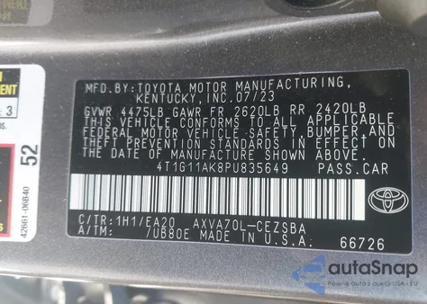 2023 Toyota Camry Se из США, поврежденный, VIN 4T1G11AK8PU835649